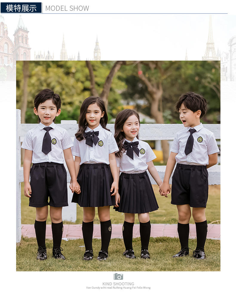 Primary and secondary school students summer college style short-sleeved shirt school uniform suit two-piece set 168-612 (including badge)