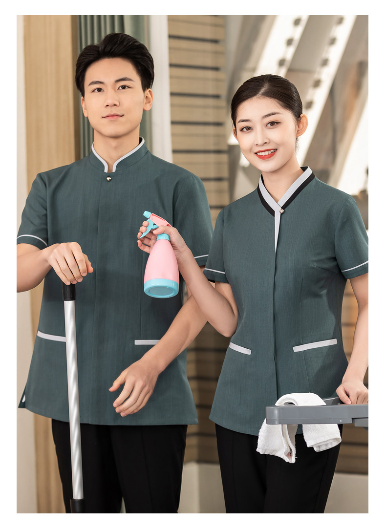 Triangle color matching collar housekeeping hotel shopping mall cleaning clothes short-sleeved top H01-2023-09 female