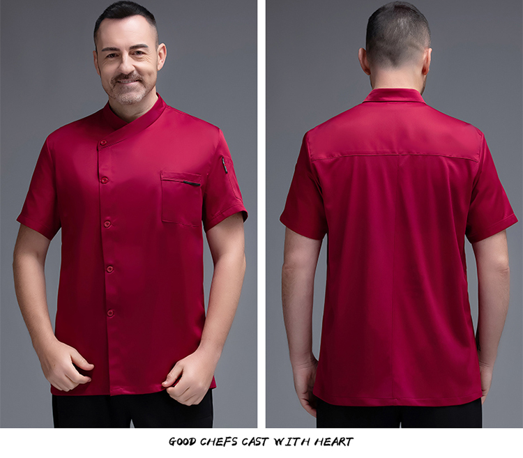 Gold spinning woolen short-sleeved chef uniform top with slanting collar and mesh back H02-20F001-004