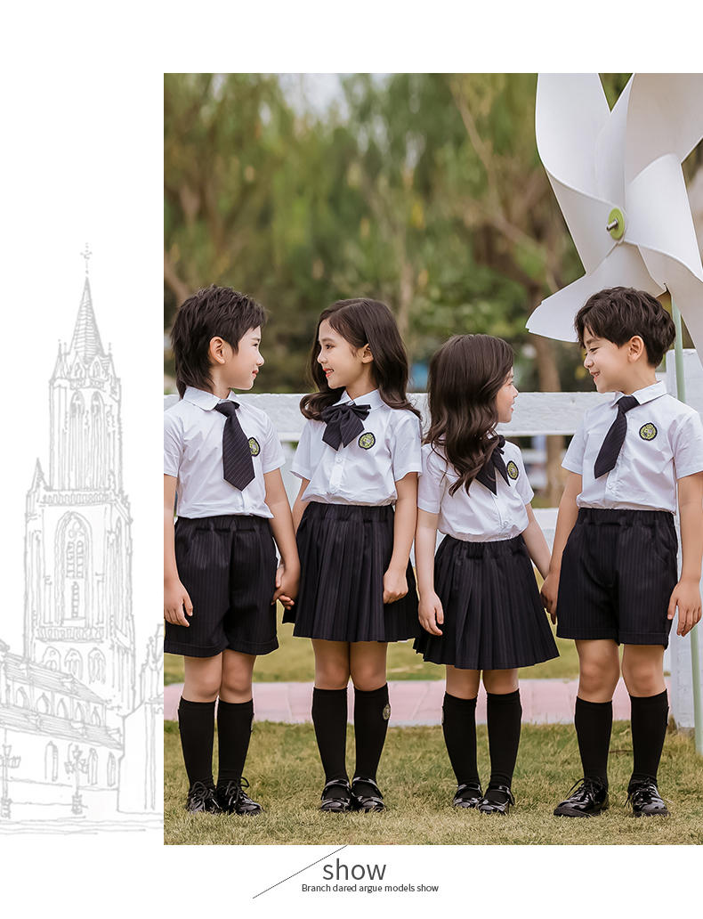 Primary and secondary school students summer college style short-sleeved shirt school uniform suit two-piece set 168-612 (including badge)