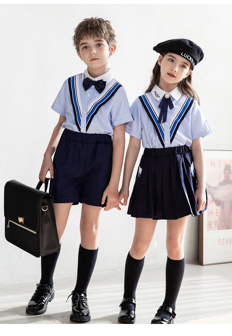 Casual college British style summer primary and secondary school students short-sleeved shirt school uniform suit two-piece suit 215-820 (including badge, bow tie)