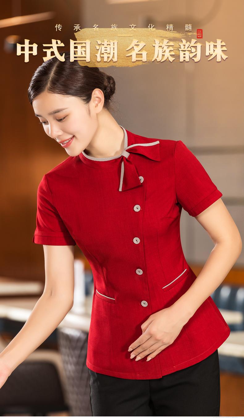 Short-sleeved hotel waiter top with flowing collar H01-2022-08