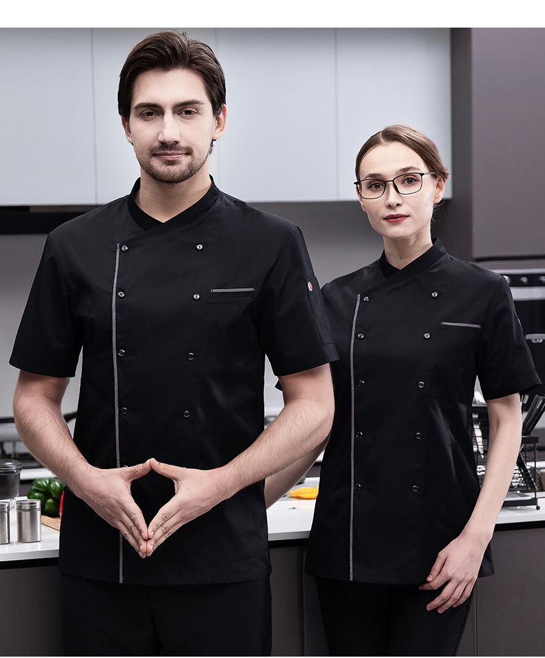 Spring and summer full process polyester cotton short sleeve chef uniform top H03-famous chef trim