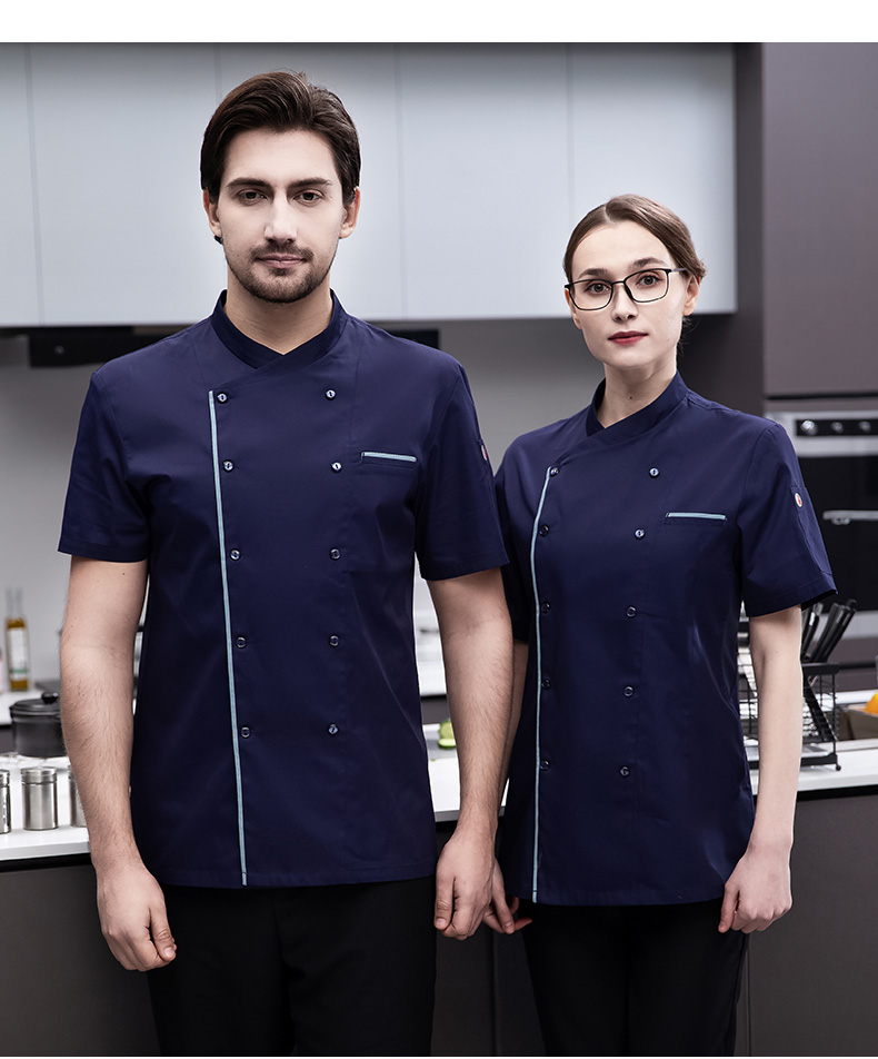 Spring and summer full process polyester cotton short sleeve chef uniform top H03-famous chef trim