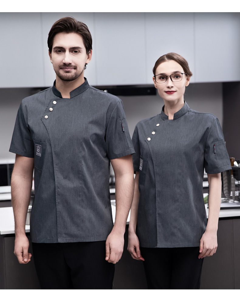 Full-process polyester-cotton short-sleeved chef uniform top H03-oblique three buttons