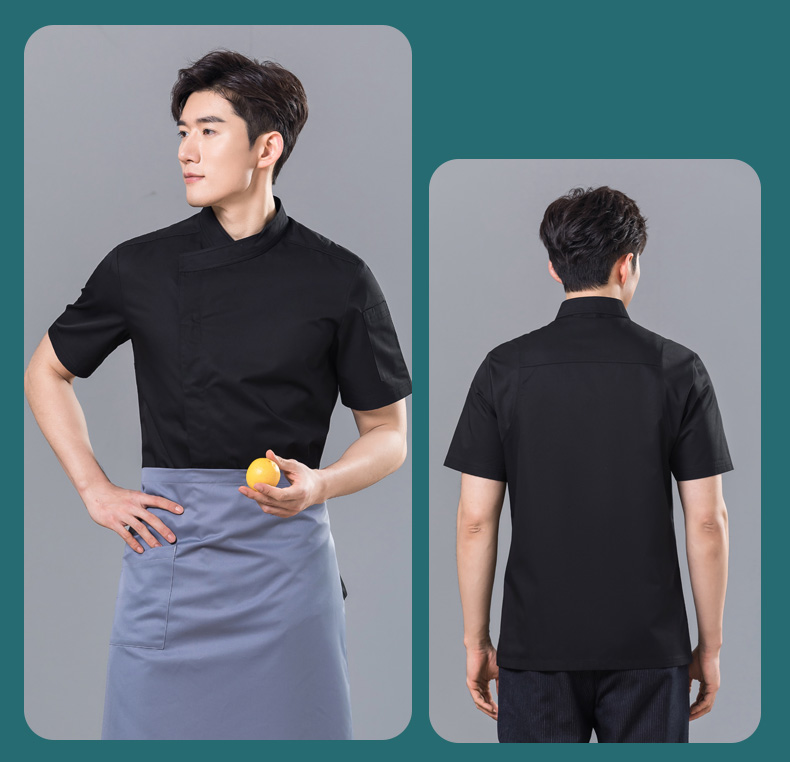 Slant collar dark placket restaurant hotel chef uniform short-sleeved tops universal style H01-2023-15