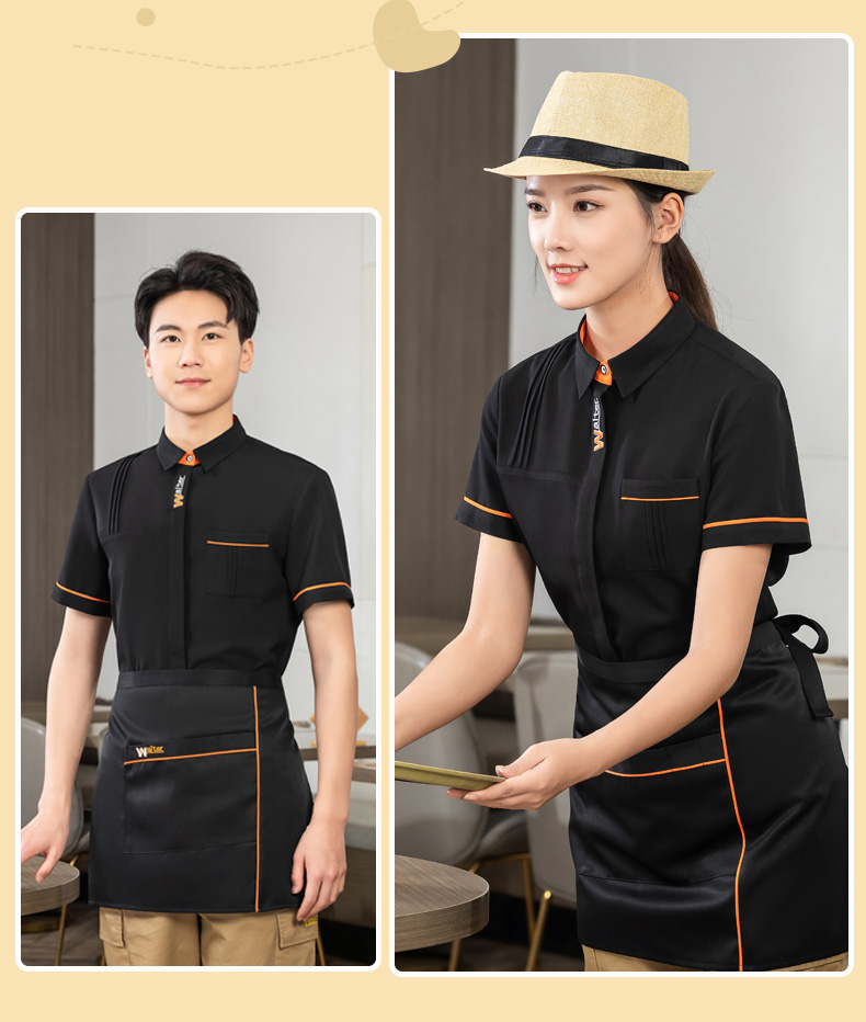 WAITER letter embroidered shirt tea restaurant Chinese restaurant waiter work clothes short-sleeved top + apron universal style H01-2023-04