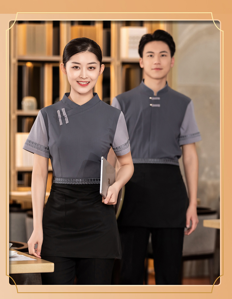 Chinese restaurant waiter work clothes short-sleeved top + apron H01-2023-07 men double cloth button tea restaurant Chinese restaurant waiter work clothes short-sleeved top + apron H01-2023-07 men