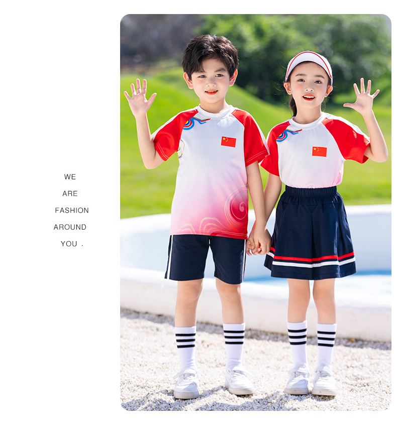 Chinese style round neck short sleeve school uniform for primary and secondary school students D11-2133