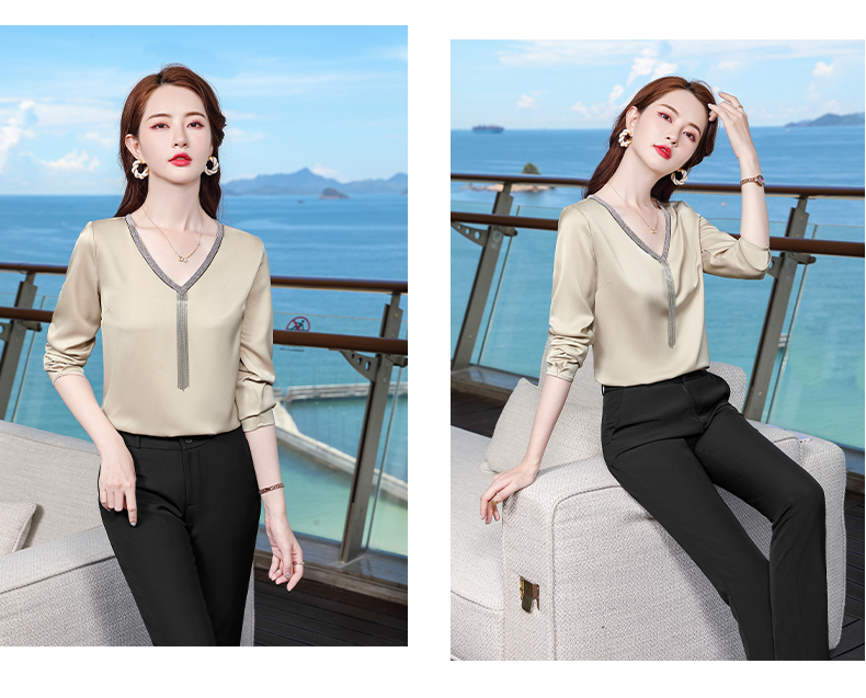 Acetate V-neck temperament suit women long-sleeved bottoming shirt DR1-9935