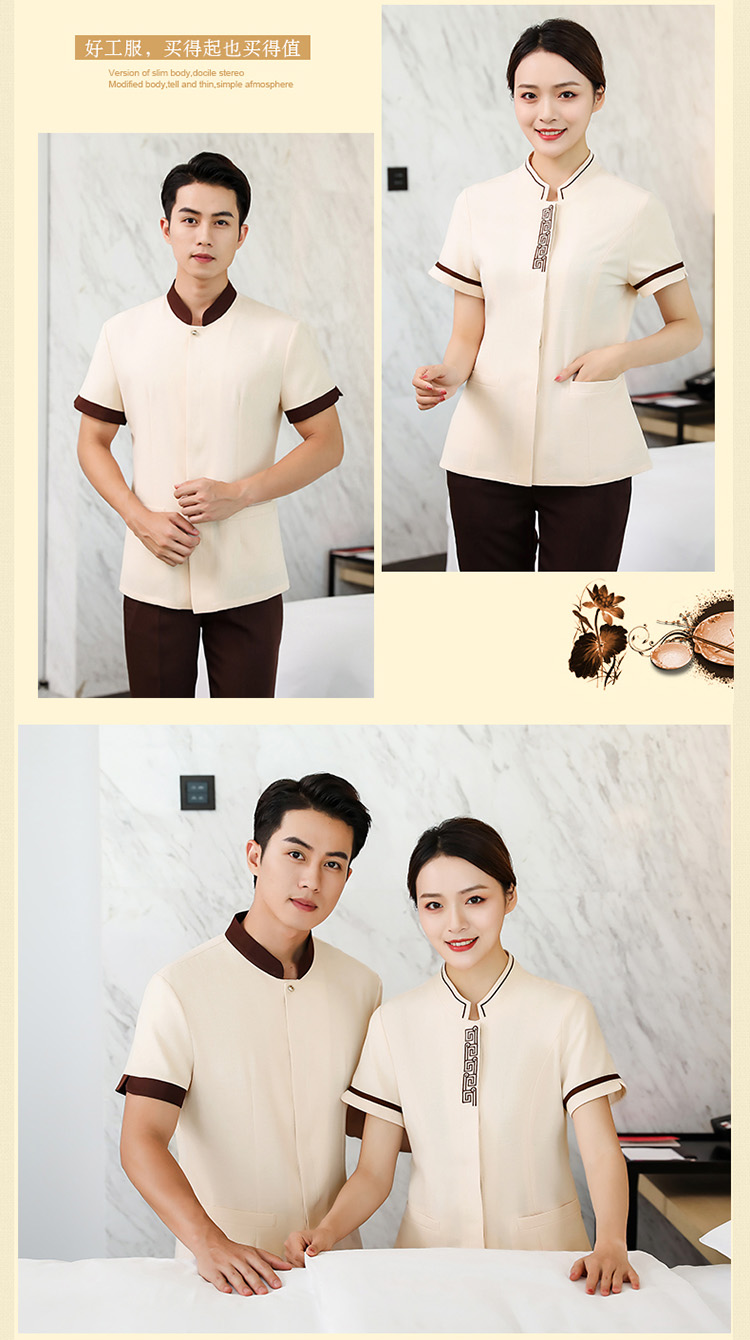 Cotton and linen collar embroidery hotel room half-sleeved cleaning clothes top H14-8819-8825