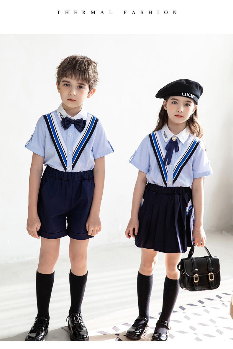 Casual college British style summer primary and secondary school students short-sleeved shirt school uniform suit two-piece suit 215-820 (including badge, bow tie)