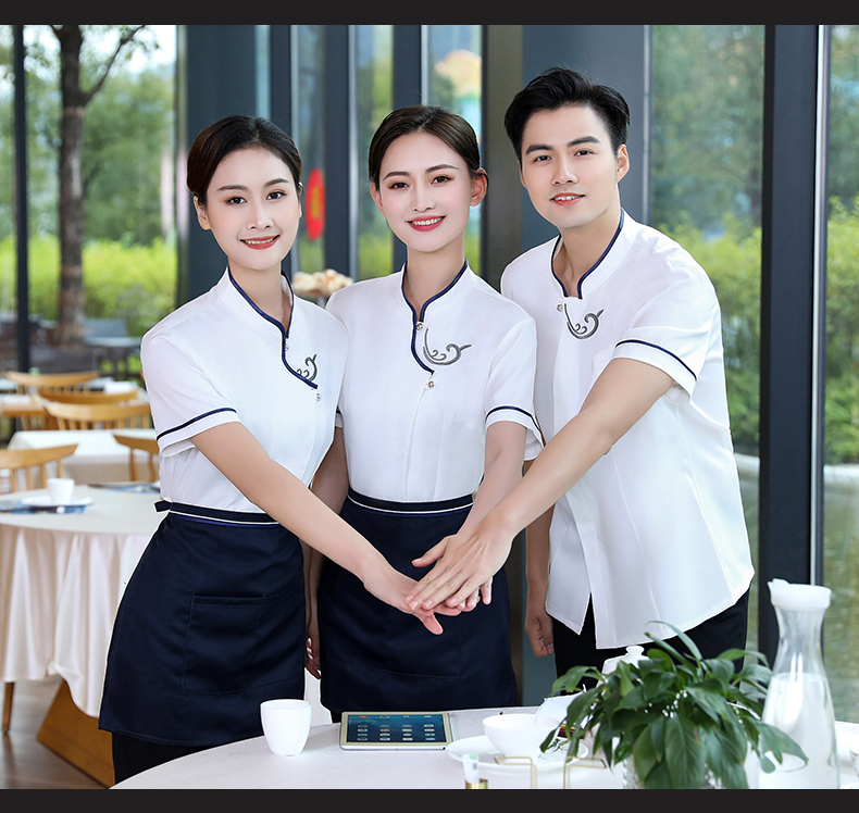 Embroidered Xiangyun Hotel Waiter Work Clothes Short Sleeve Top + Apron H19-Embroidered Xiangyun Women