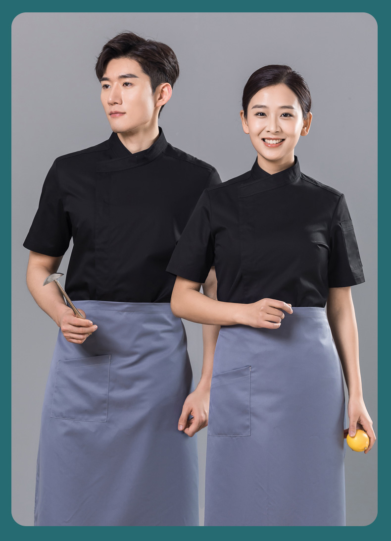 Slant collar dark placket restaurant hotel chef uniform short-sleeved tops universal style H01-2023-15