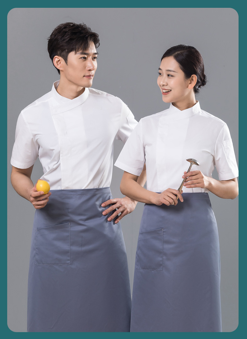 Slant collar dark placket restaurant hotel chef uniform short-sleeved tops universal style H01-2023-15