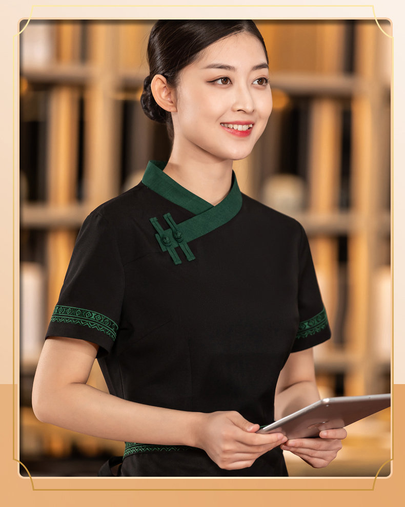 Chinese restaurant waiter work clothes short-sleeved top + apron H01-2023-07 men double cloth button tea restaurant Chinese restaurant waiter work clothes short-sleeved top + apron H01-2023-07 men