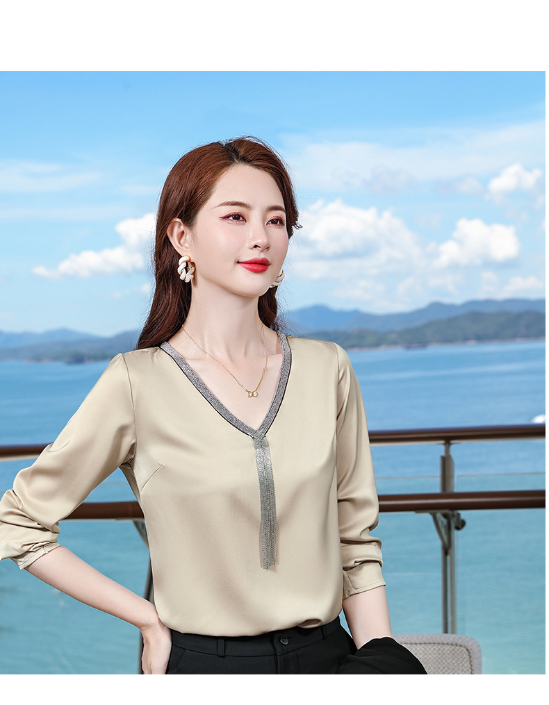 Acetate V-neck temperament suit women long-sleeved bottoming shirt DR1-9935