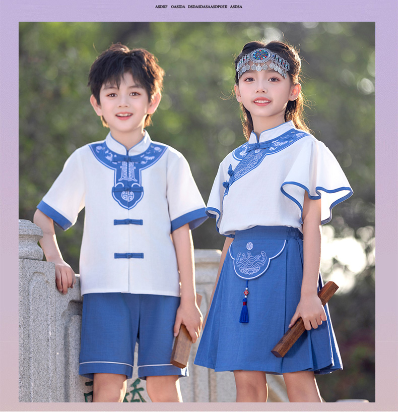 Comfortable and soft white and blue Chinese style school uniform suit 894-2429