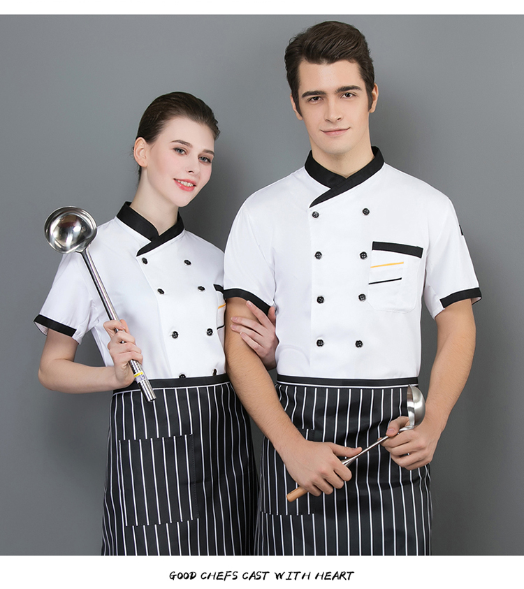 Slant collar and two-bar short-sleeved chef uniform top H02-20F136-138