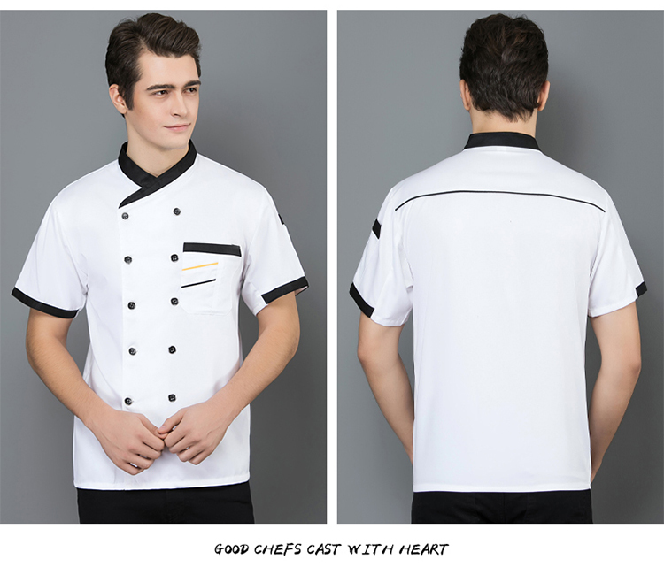 Slant collar and two-bar short-sleeved chef uniform top H02-20F136-138