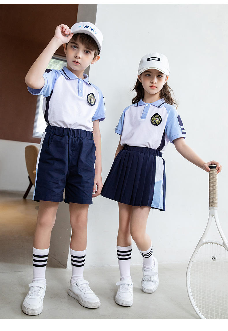 Summer college sports style primary and secondary school students short-sleeved school uniform suit two-piece suit 215-808 (including badge)