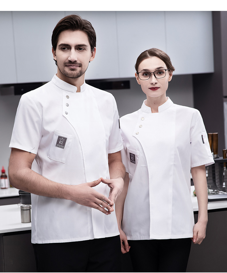 Full-process polyester-cotton short-sleeved chef uniform top H03-oblique three buttons