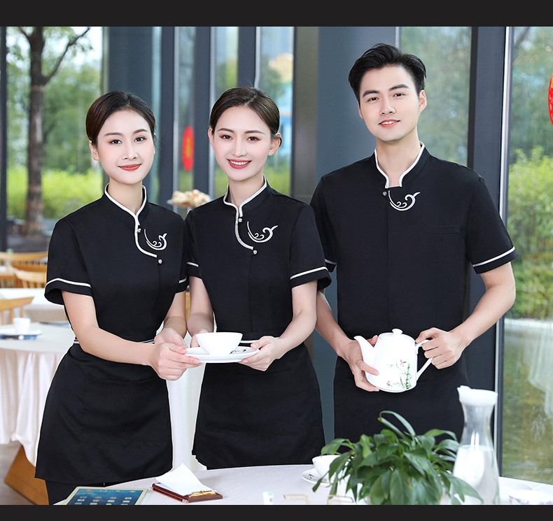 Embroidered Xiangyun Hotel Waiter Work Clothes Short Sleeve Top + Apron H19-Embroidered Xiangyun Women