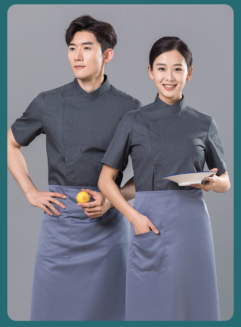 Slant collar dark placket restaurant hotel chef uniform short-sleeved tops universal style H01-2023-15