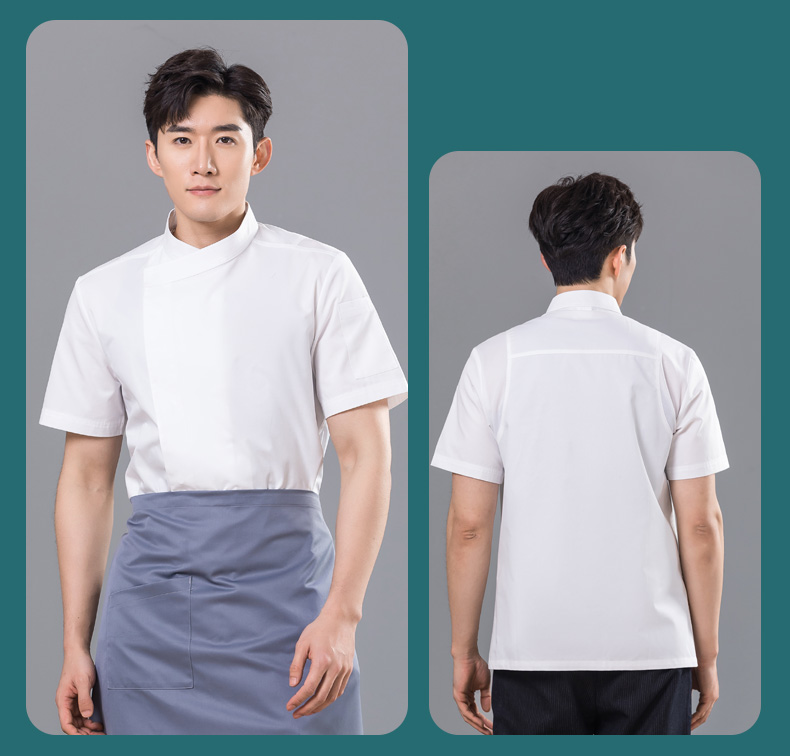 Slant collar dark placket restaurant hotel chef uniform short-sleeved tops universal style H01-2023-15