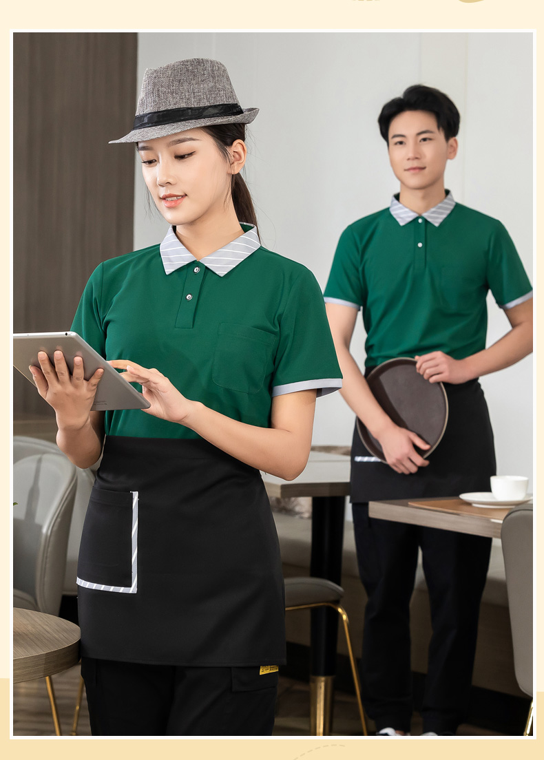 Striped collar T-shirt tea restaurant Chinese restaurant waiter work clothes short-sleeved top + apron universal style H01-2023-02