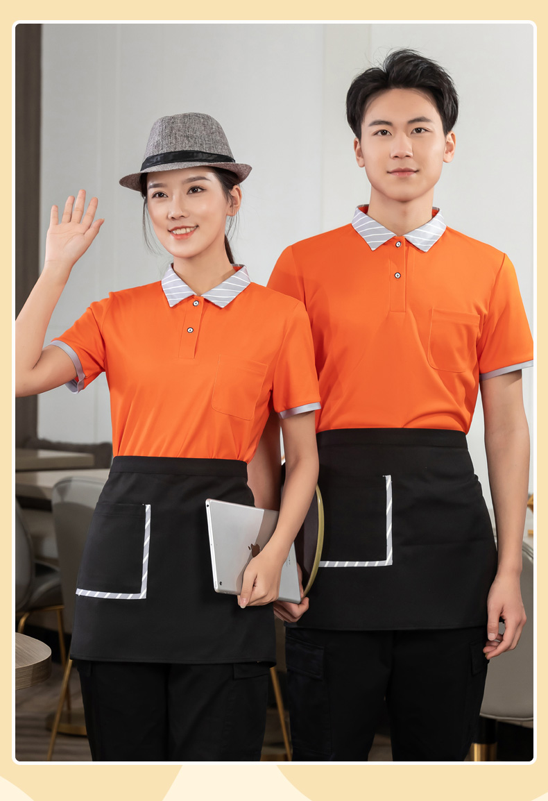 Striped collar T-shirt tea restaurant Chinese restaurant waiter work clothes short-sleeved top + apron universal style H01-2023-02