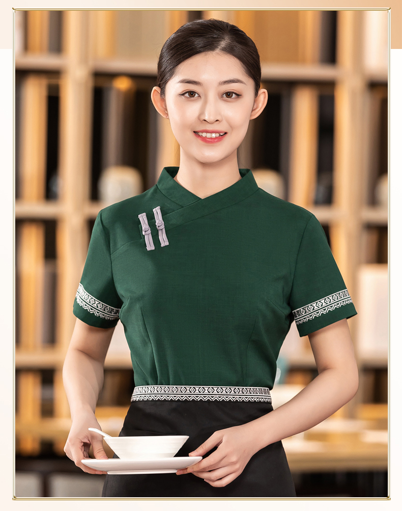 Chinese restaurant waiter work clothes short-sleeved top + apron H01-2023-07 men double cloth button tea restaurant Chinese restaurant waiter work clothes short-sleeved top + apron H01-2023-07 men