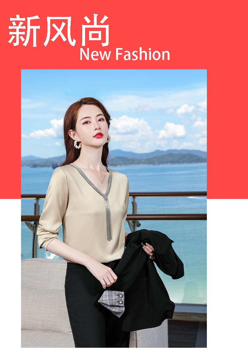 Acetate V-neck temperament suit women long-sleeved bottoming shirt DR1-9935