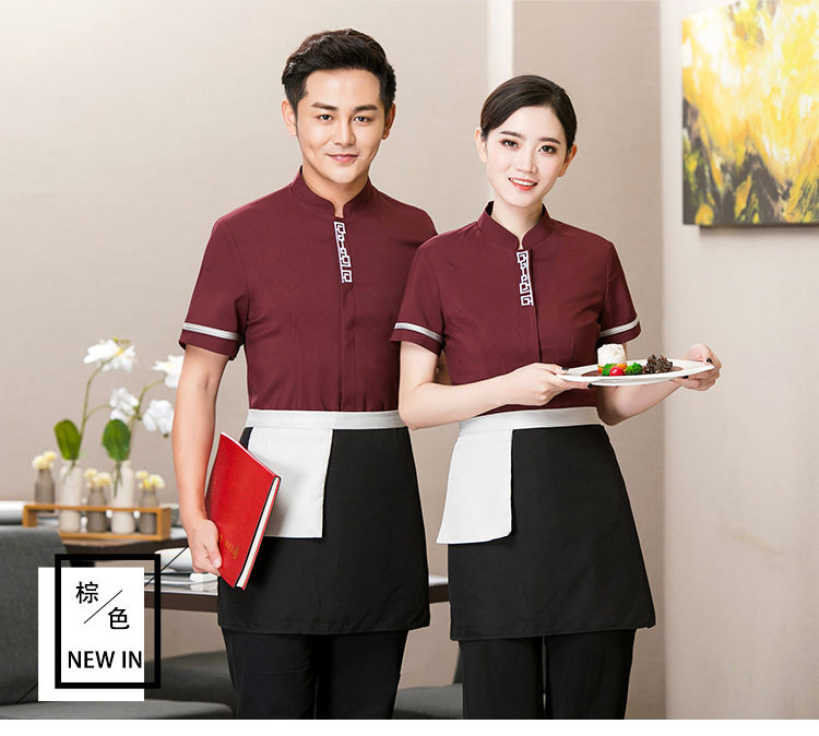 Twill elastic Chinese food embroidery Great Wall short-sleeved waiter work clothes top H01-6048