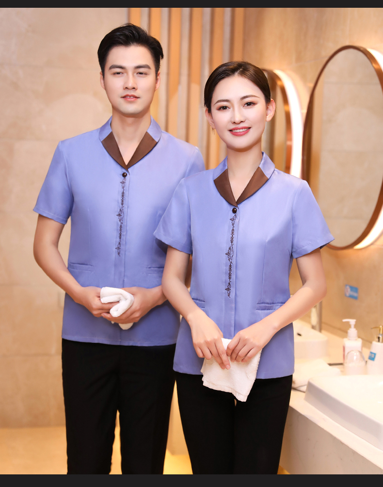 Lapel embroidery hotel cleaning waiter work clothes short-sleeved top H19-lapel embroidery women