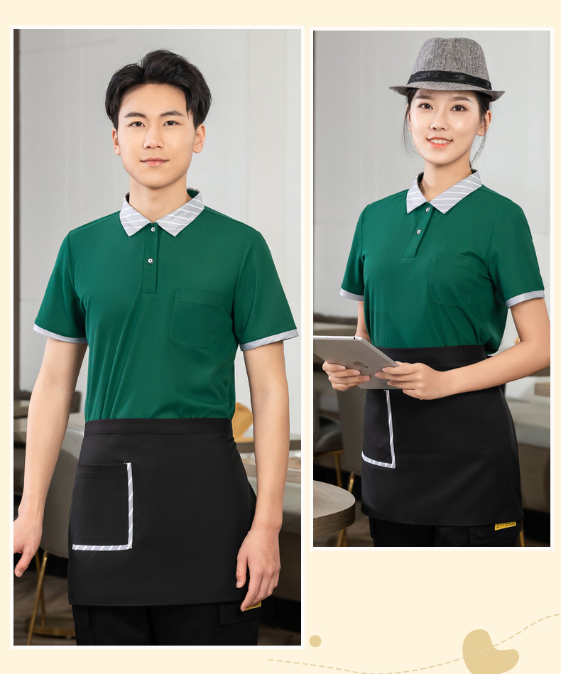 Striped collar T-shirt tea restaurant Chinese restaurant waiter work clothes short-sleeved top + apron universal style H01-2023-02