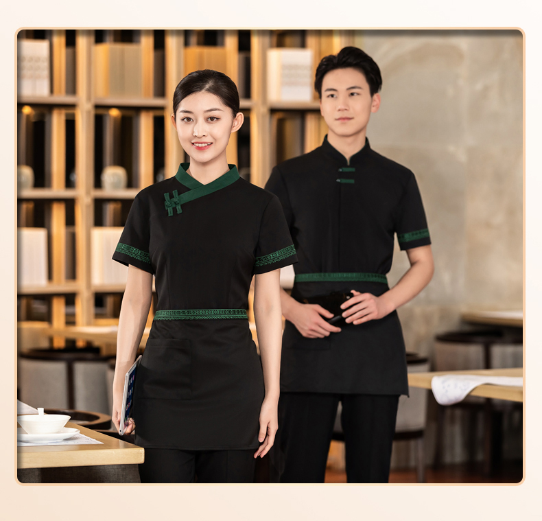 Chinese restaurant waiter work clothes short-sleeved top + apron H01-2023-07 men double cloth button tea restaurant Chinese restaurant waiter work clothes short-sleeved top + apron H01-2023-07 men