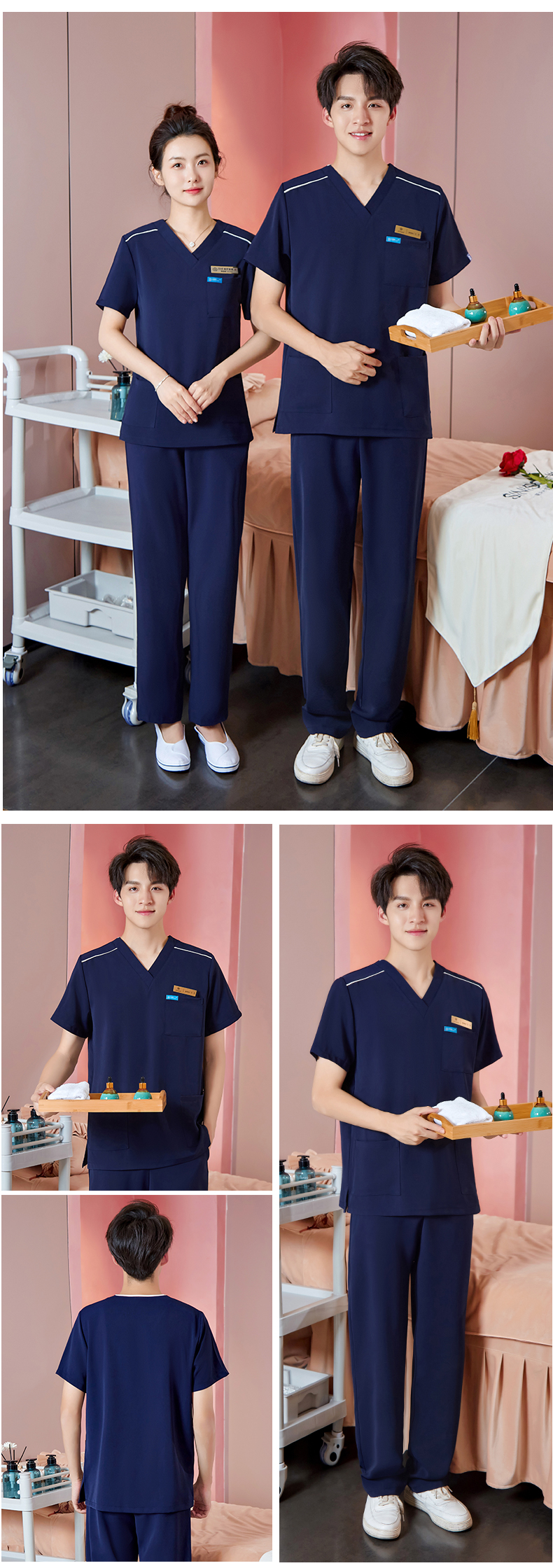 Solid color slim beauty technician clothing short-sleeved suit DM2-23522 men trousers