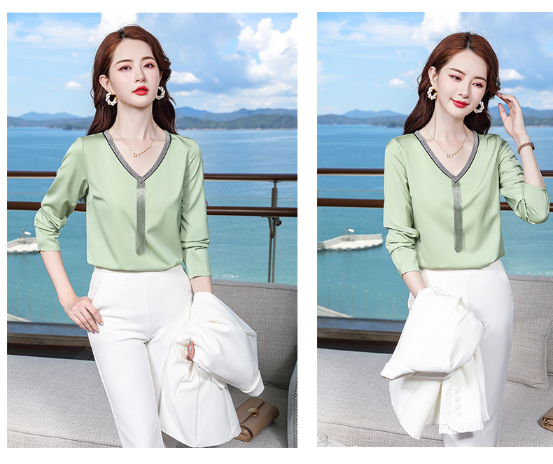 Acetate V-neck temperament suit women long-sleeved bottoming shirt DR1-9935