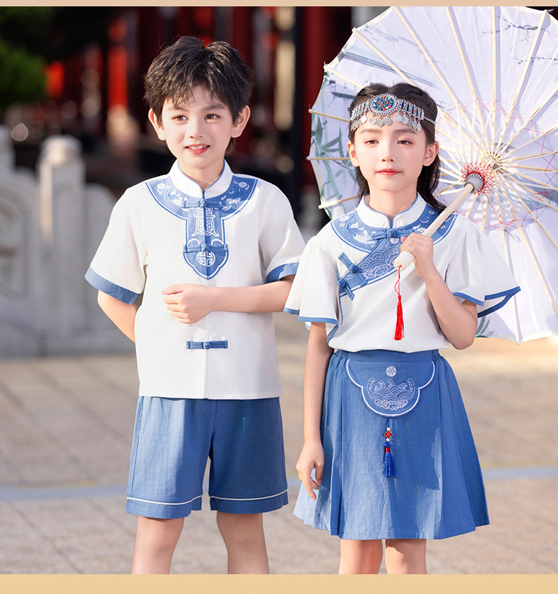 Comfortable and soft white and blue Chinese style school uniform suit 894-2429