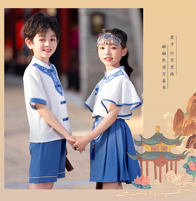 Comfortable and soft white and blue Chinese style school uniform suit 894-2429