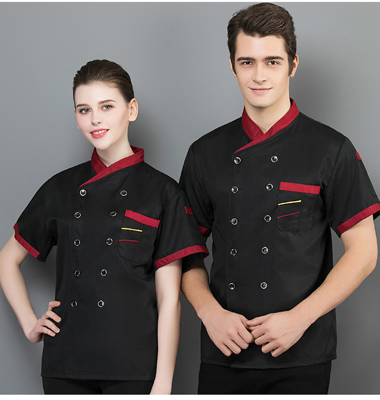 Slant collar and two-bar short-sleeved chef uniform top H02-20F136-138