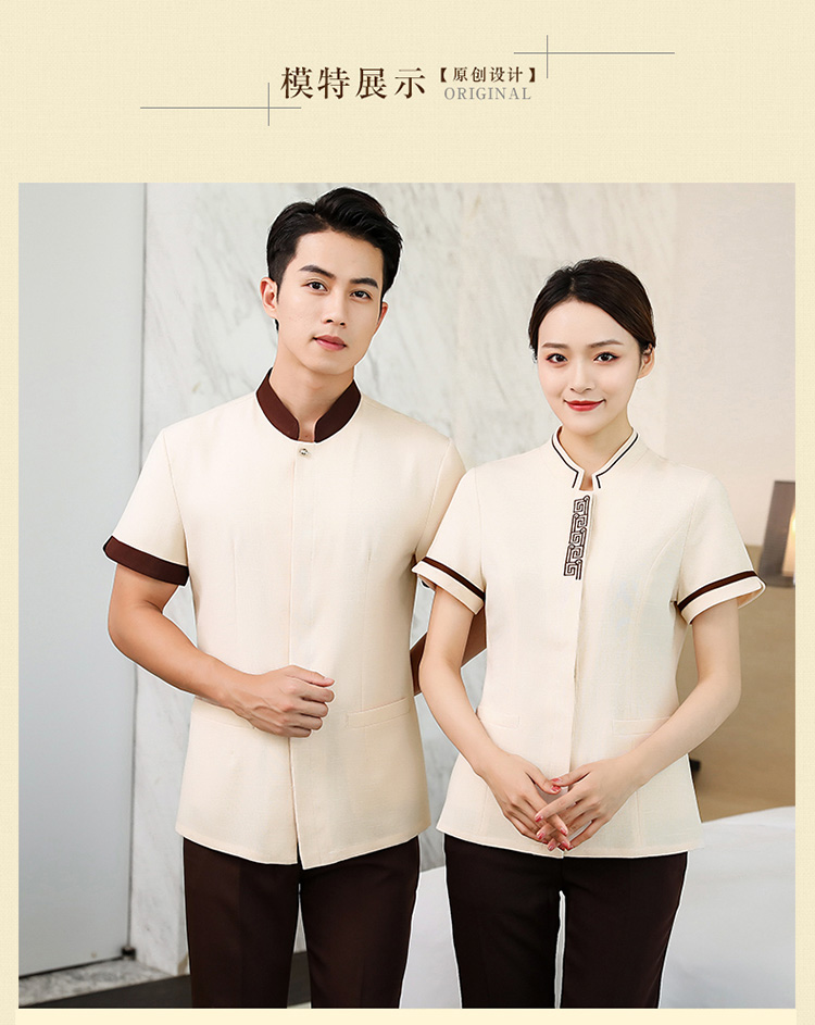 Cotton and linen collar embroidery hotel room half-sleeved cleaning clothes top H14-8819-8825