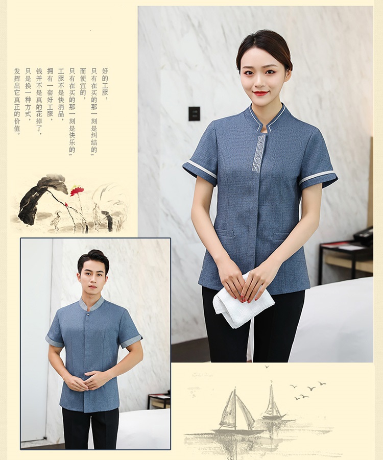 Cotton and linen collar embroidery hotel room half-sleeved cleaning clothes top H14-8819-8825