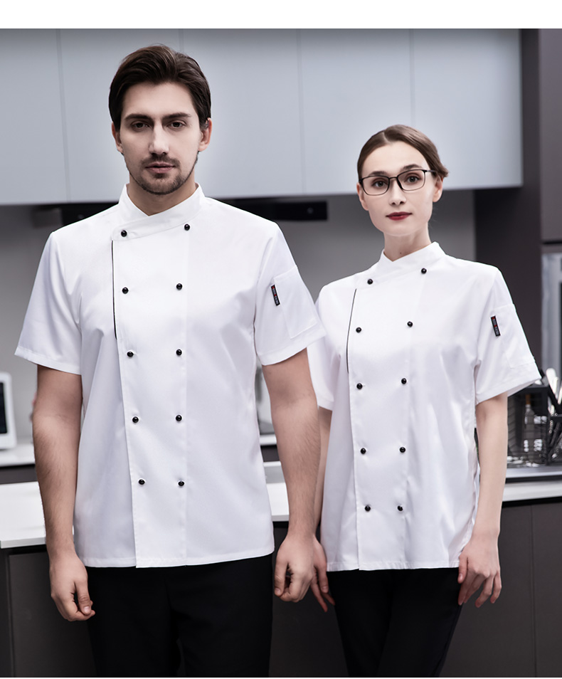 Imitation khaki short-sleeved chef uniform top H03-vertical button double row