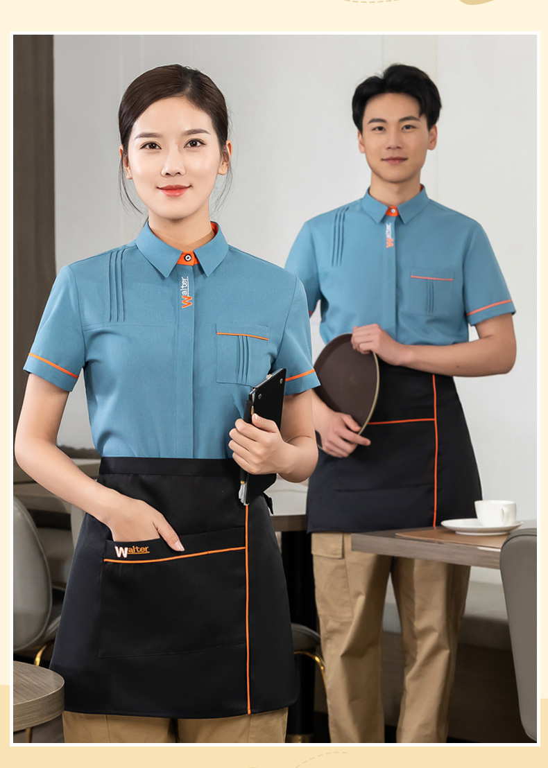 WAITER letter embroidered shirt tea restaurant Chinese restaurant waiter work clothes short-sleeved top + apron universal style H01-2023-04