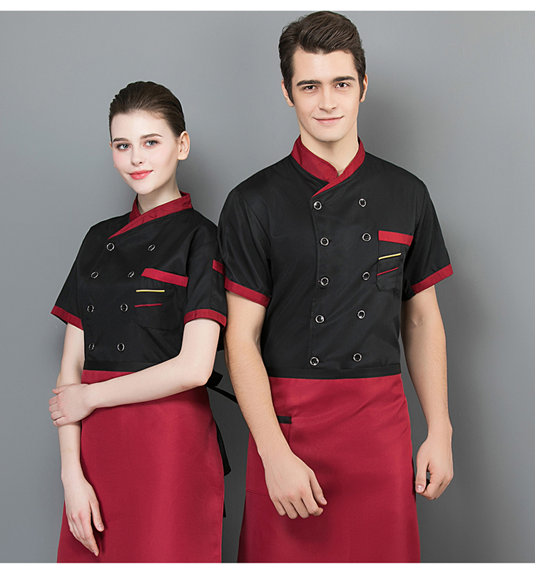 Slant collar and two-bar short-sleeved chef uniform top H02-20F136-138