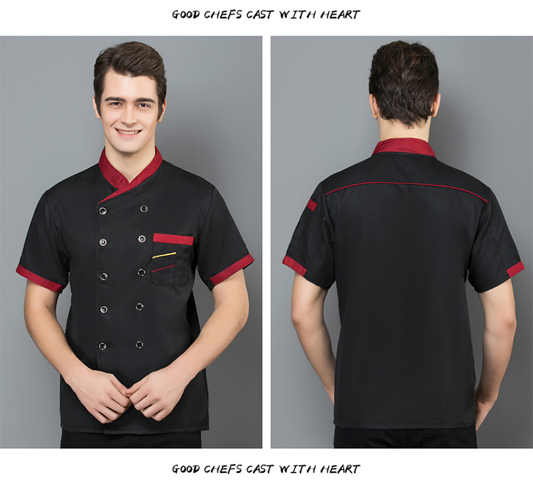 Slant collar and two-bar short-sleeved chef uniform top H02-20F136-138