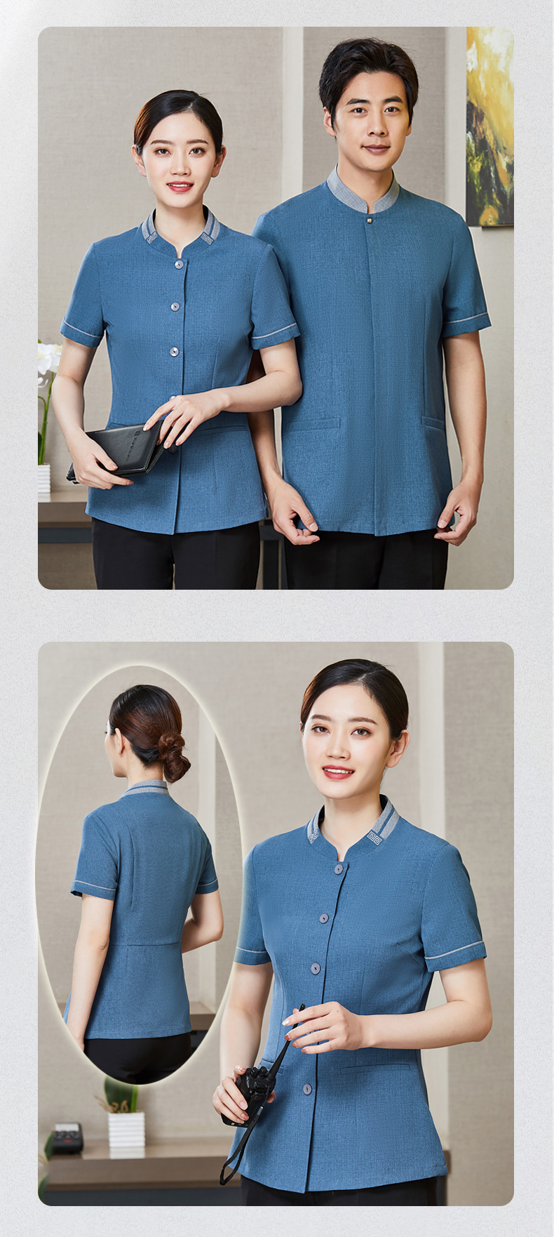 Jiege linen color matching collar embroidered short-sleeved cleaning clothes top for women H01-2021-10