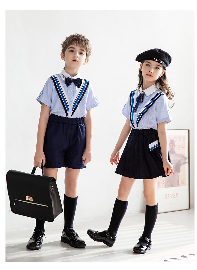 Casual college British style summer primary and secondary school students short-sleeved shirt school uniform suit two-piece suit 215-820 (including badge, bow tie)